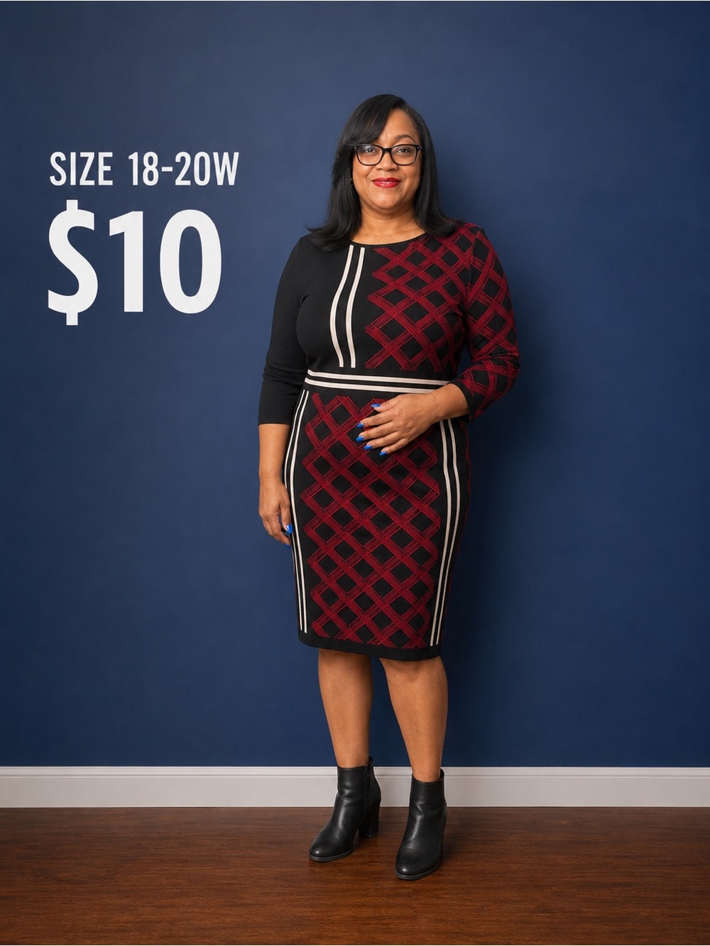 Black and Burgundy Patterned Sheath Dress - Size 18-20W